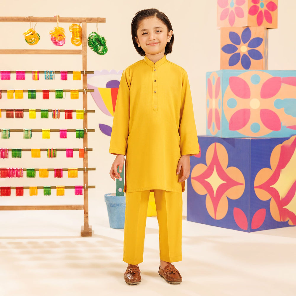Boys Poly Viscose Kurta Pajama (Cut Collar)-Mustard