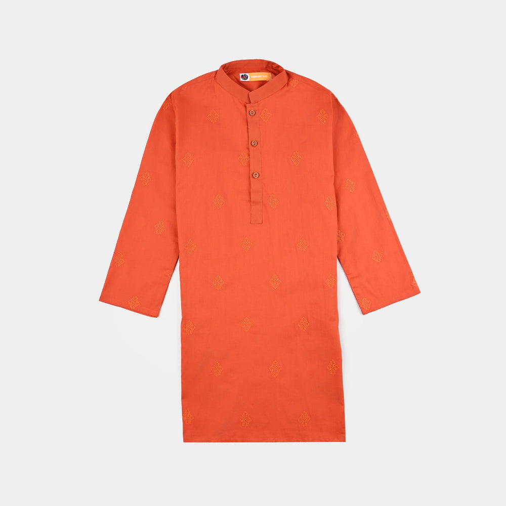 Boys Cotton Poplin Kurta Pajama Suit (Tone On Tone)-Citrus