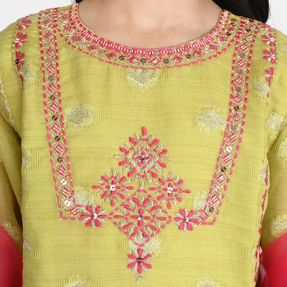 Girls Jacquard Fancy 3 Pcs Suit Gul Naar-Pista.Gren