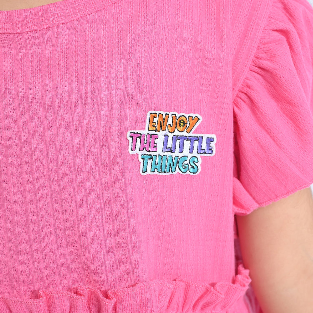 Girls Jacquard Jersey Frock Enjoy The Little Thing-Pink