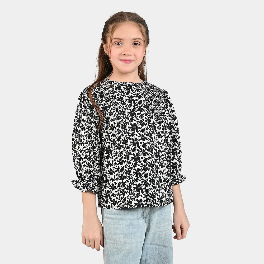 Girls Cotton Poplin Casual Top Black &White Flowers
