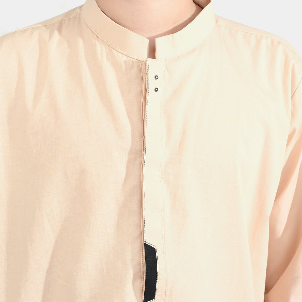 Boys Cotton Poplin Embroidered Kurta (Seaport)-BEIGE
