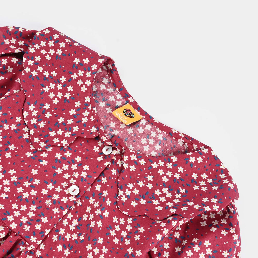 Girls Cotton Poplin Casual Frock Red Floral-Multi