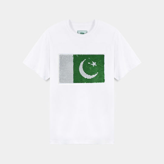 Unisex Poly Cotton Jersey T-Shirt H/S SEQUINS FLAG-Snow White