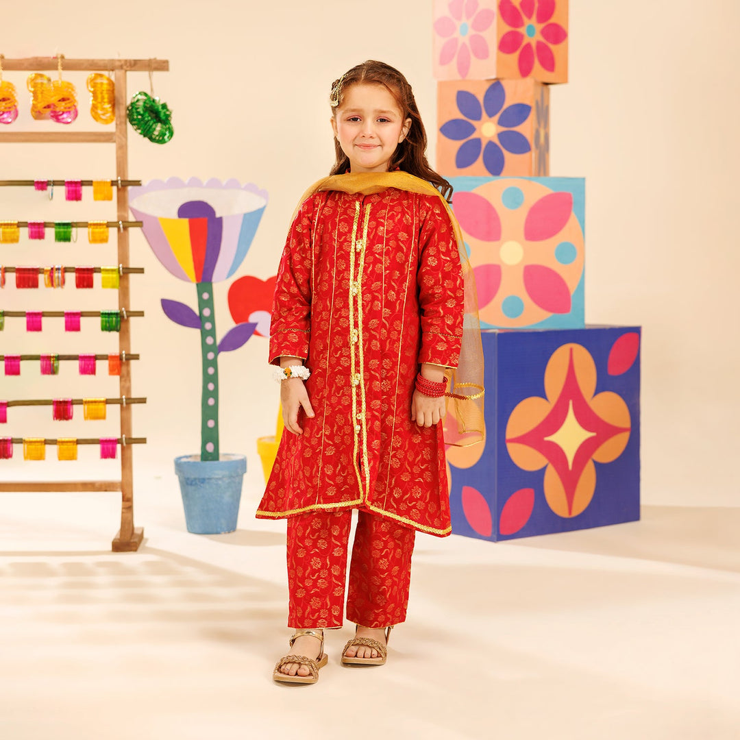 Girls Jacquard 3 Pcs Suit Gulistaan-Red