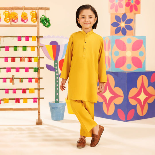 Boys Poly Viscose Shalwar Suit (Cut Collar)-Mustard