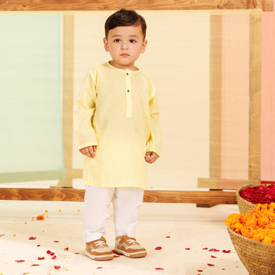 Infants Boys Cotton Jacquard Basic Kurta (VIBRANT)-Yellow