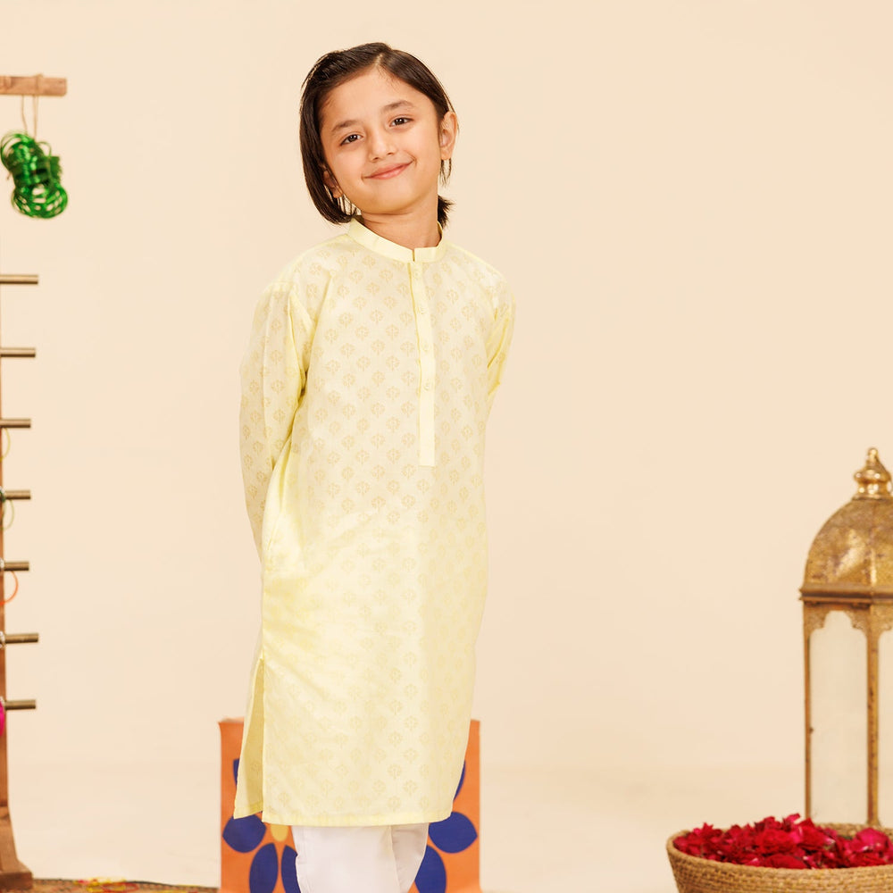 Boys Poly Viscose Basic Kurta (Burn Out)-Yellow