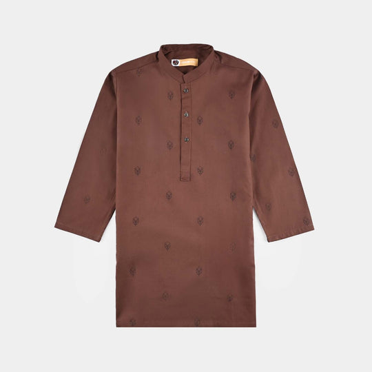 Boys Cotton Poplin Printed Kurta (Fudge Sickle)-BROWN