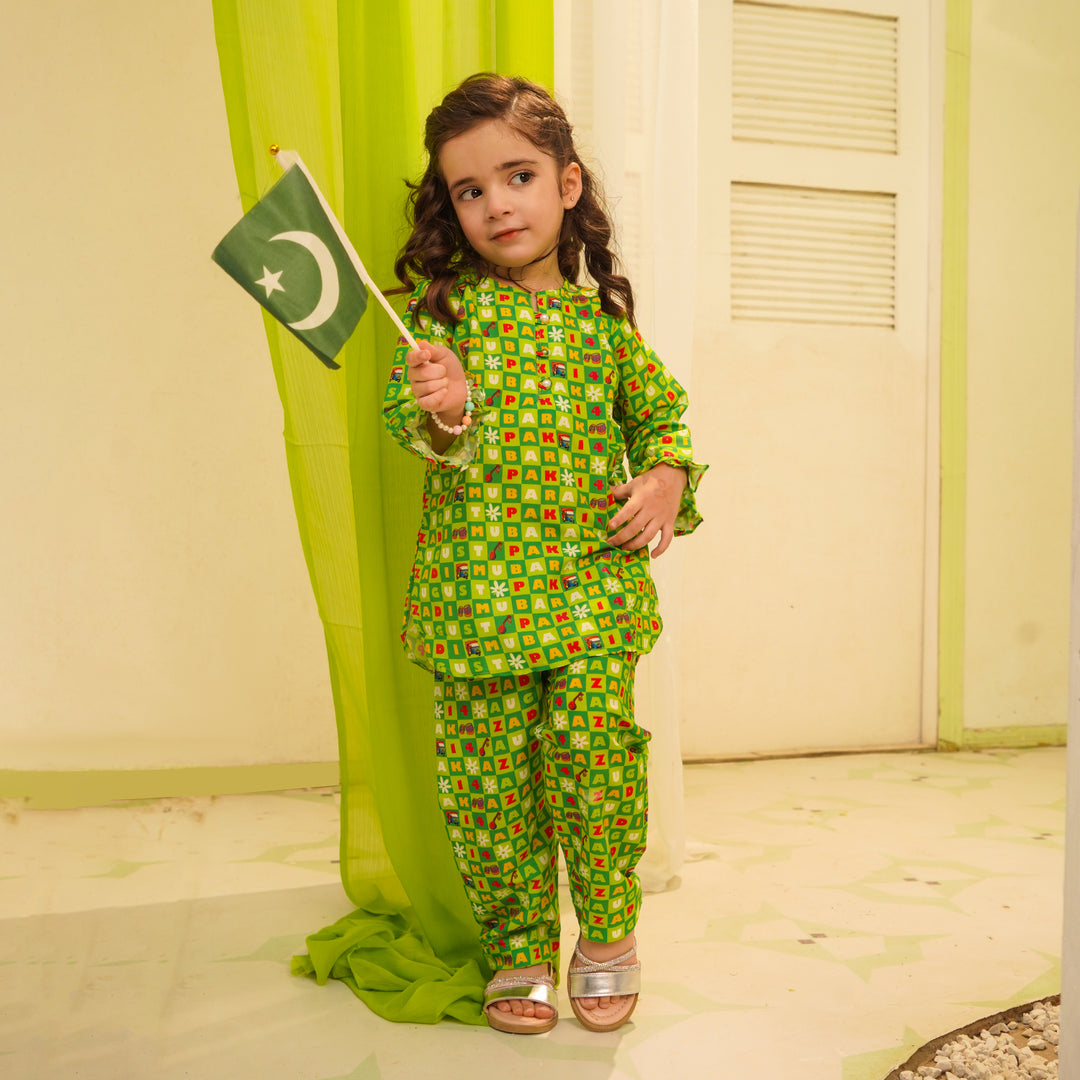 Girls Poly Net Printed 2Pcs Suit 14 August Ind-L.Green