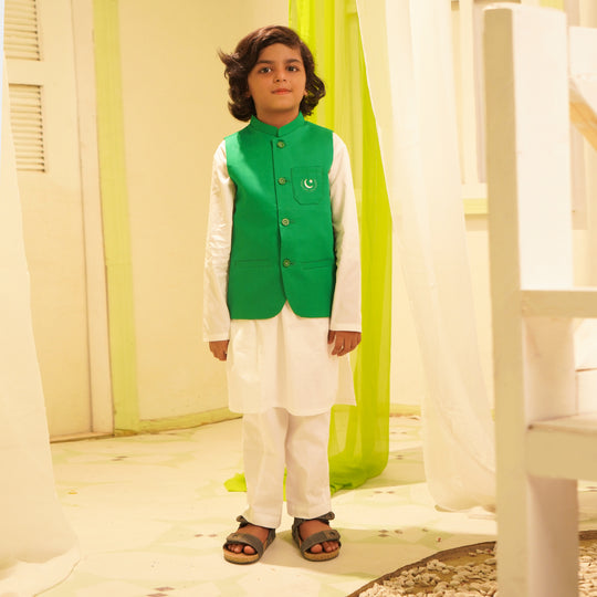 Boys 3 Cotton Poplin Piece Suit (Azadi)-WHITE