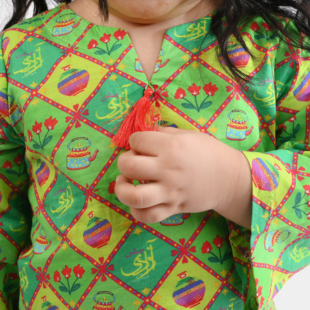 Infant Girls Cotton Printed Kurti Kettle And Flowers Ind-Multi