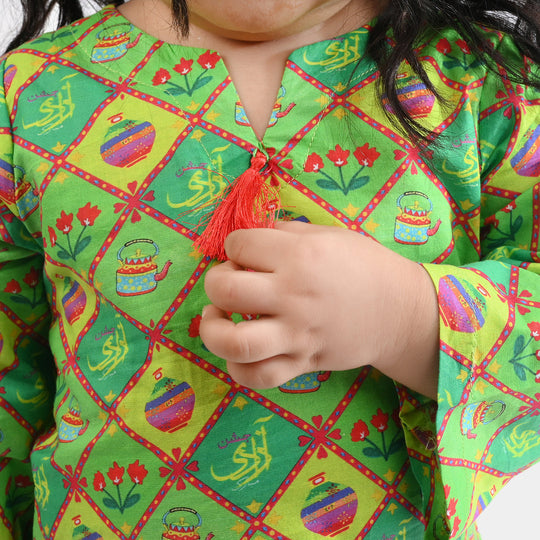 Infant Girls Cotton Printed Kurti Kettle And Flowers Ind-Multi