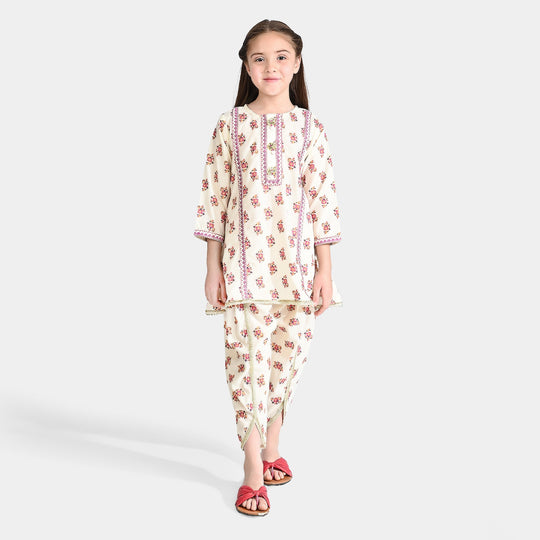 Girls Poly Cambric Emb 2 Pcs Dastur-Cream