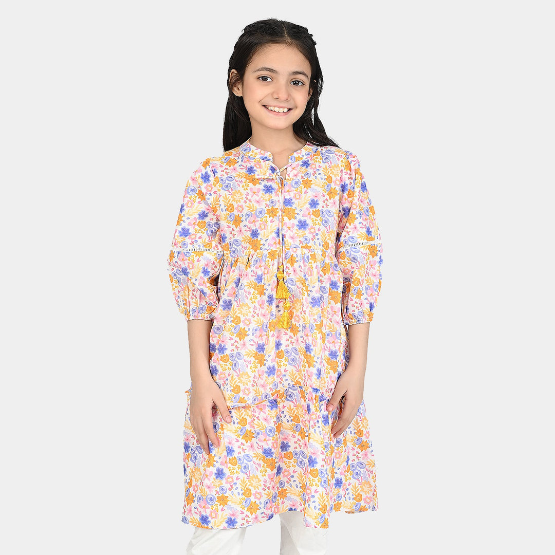 Girls Cotton Poplin Long Dress-Multi