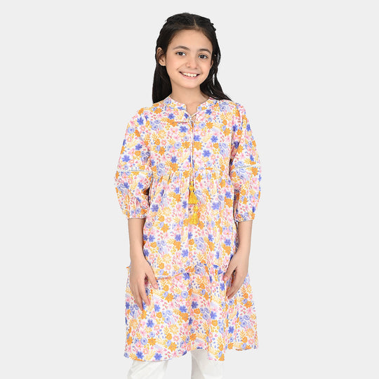 Girls Cotton Poplin Long Dress-Multi