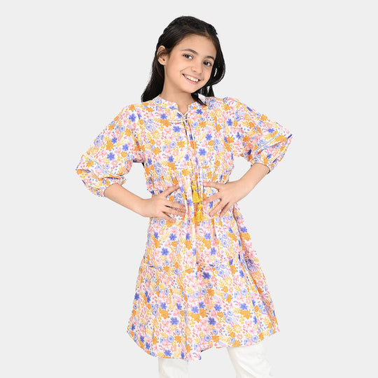 Girls Cotton Poplin Long Dress-Multi