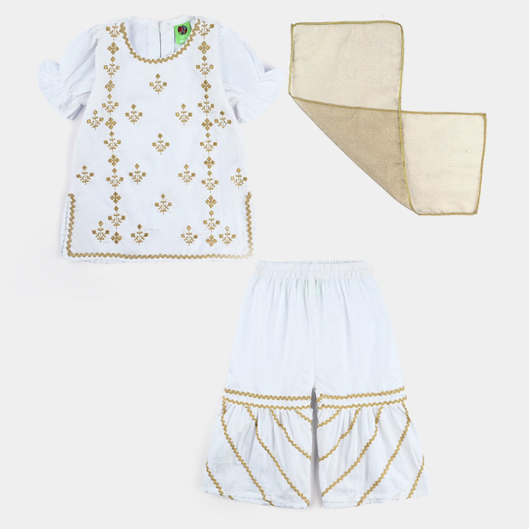 Infant Girls Raw Silk Fancy 3Pcs Shine-White