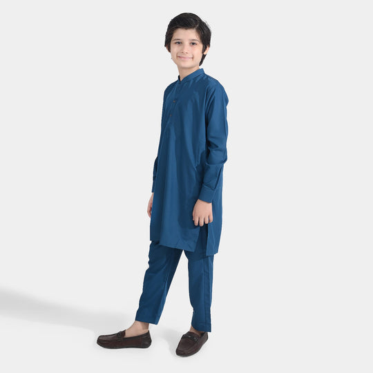 Boys Poly Viscose Kurta Pajama Suit (Monotone)-T.Blue