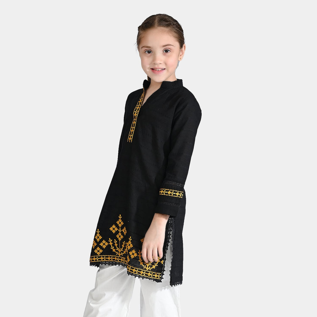 Girls Cotton Emb Kurti Black Beauty-BLACK