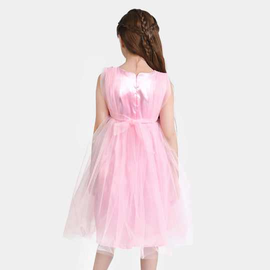 Girls Net Fancy Frock 3D Butterfly-Pink