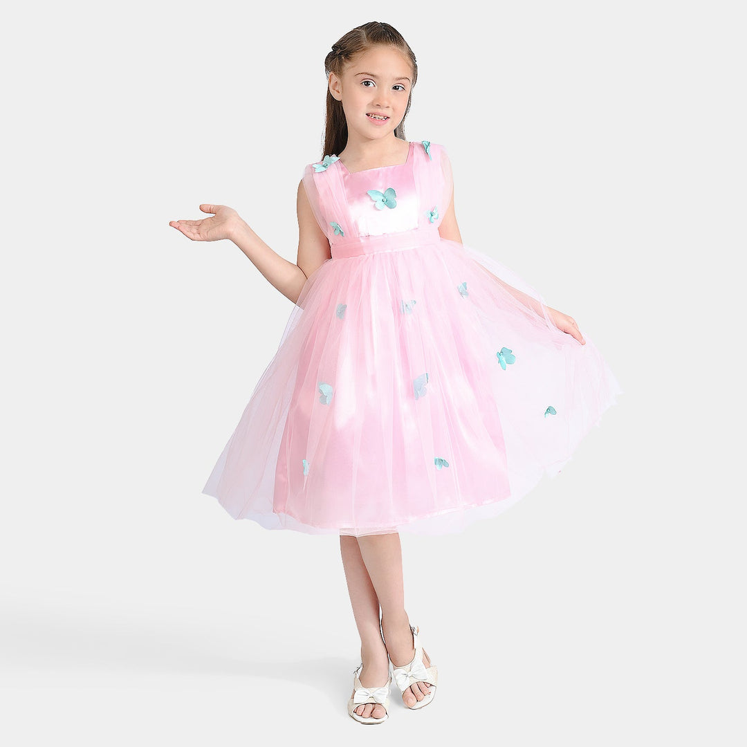 Girls Net Fancy Frock 3D Butterfly-Pink