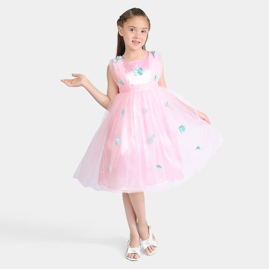 Girls Net Fancy Frock 3D Butterfly-Pink