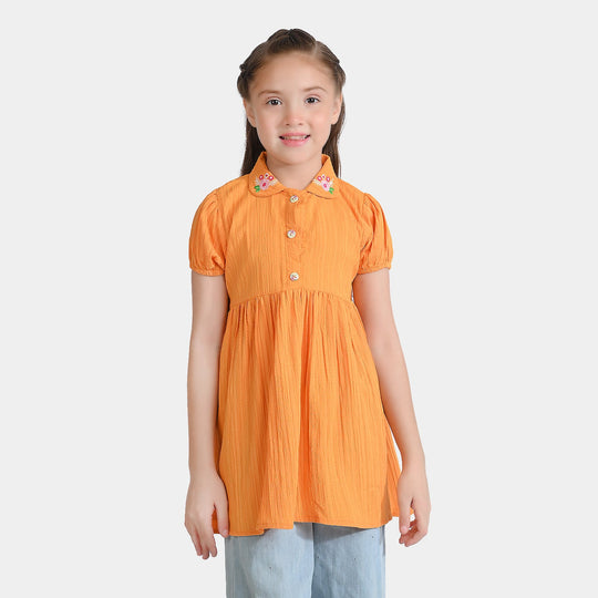 Girls Poly Cotton Casual Frock Mustard Crinkle-Mustard