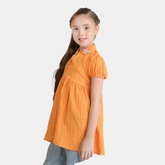 Girls Poly Cotton Casual Frock Mustard Crinkle-Mustard