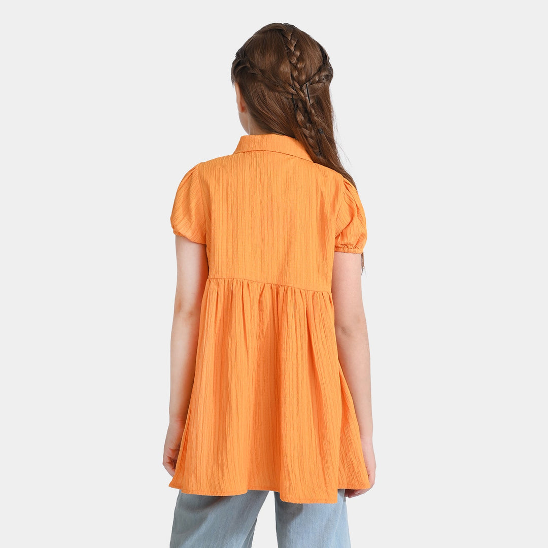 Girls Poly Cotton Casual Frock Mustard Crinkle-Mustard
