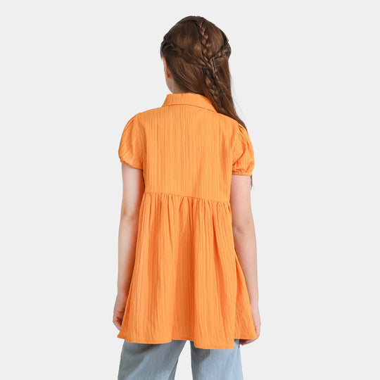 Girls Poly Cotton Casual Frock Mustard Crinkle-Mustard