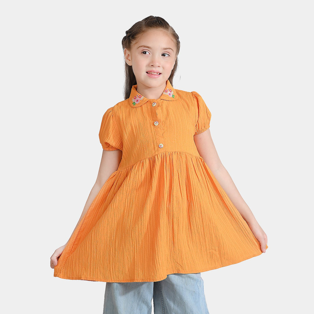 Girls Poly Cotton Casual Frock Mustard Crinkle-Mustard