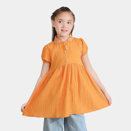 Girls Poly Cotton Casual Frock Mustard Crinkle-Mustard