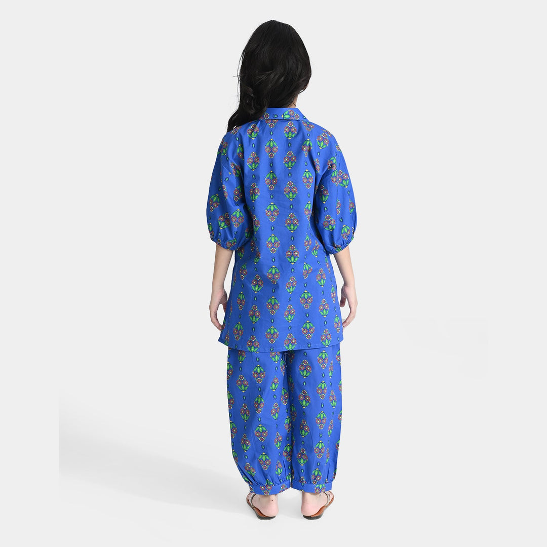 Girls Cotton Printed 2 Pcs Saya Bahar-Blue