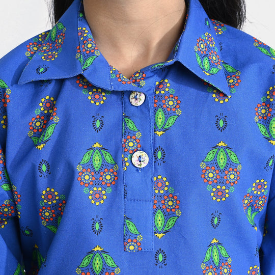 Girls Cotton Printed 2 Pcs Saya Bahar-Blue