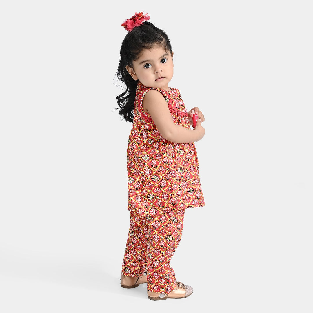 Infant Girls Cotton Poplin Printed 2 Pcs Surkh Phool-Multi