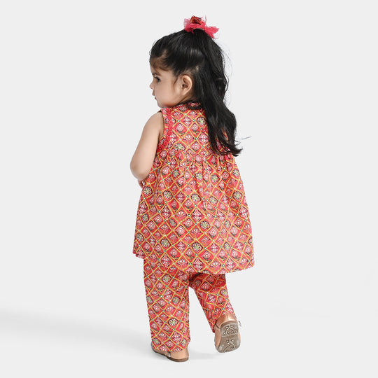 Infant Girls Cotton Poplin Printed 2 Pcs Surkh Phool-Multi