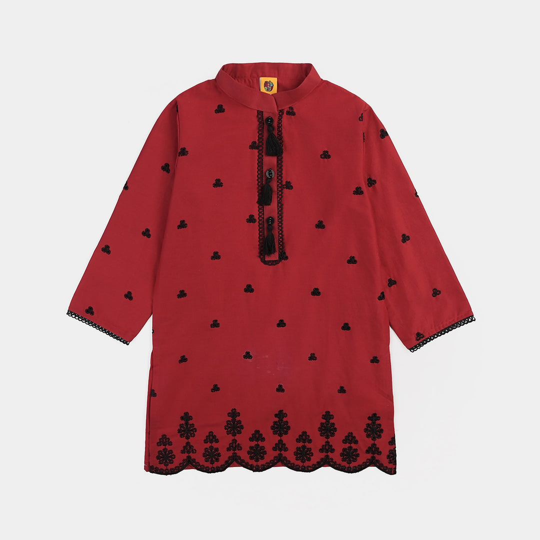 Girls Cotton Poplin Emb Kurti Schiffli-MAROON