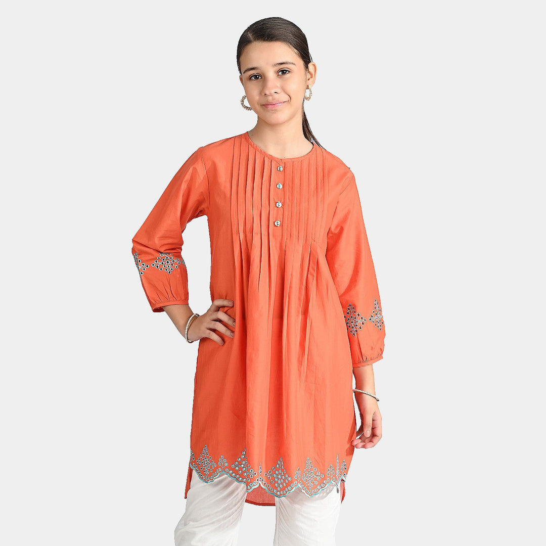 Girls Cotton Poplin Emb Kurti Pleated