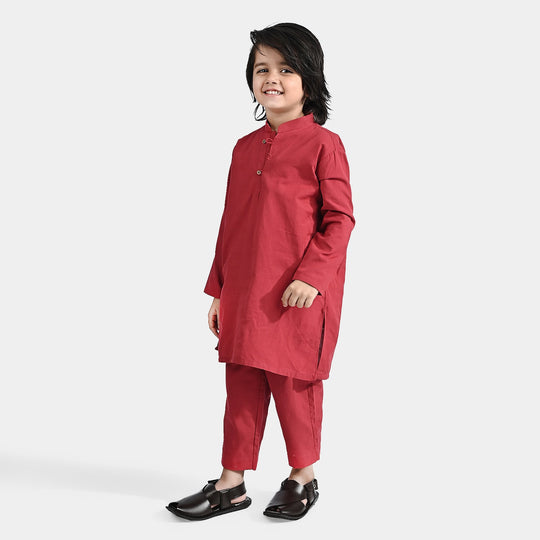 Boys Cotton 2pc Suit (Band Collar) - Red