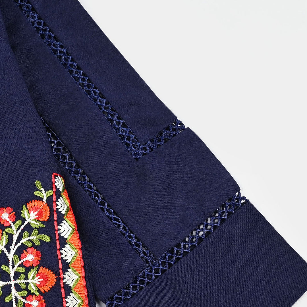 Girls poly cambric Emb Kurti Saya - Navy Blue