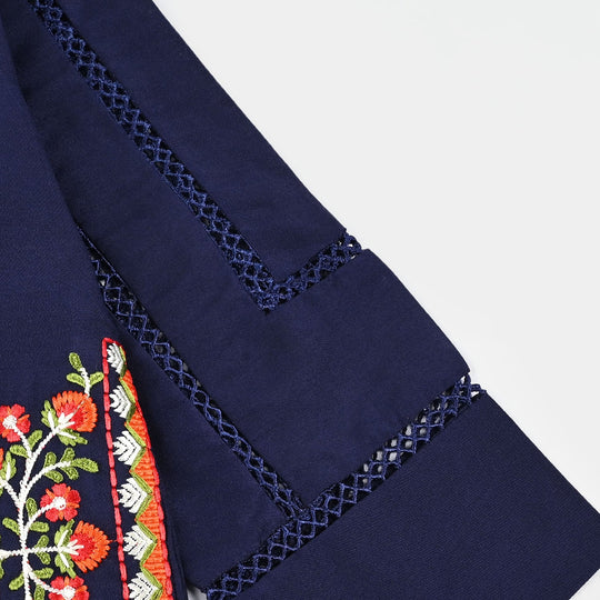 Girls poly cambric Emb Kurti Saya - Navy Blue