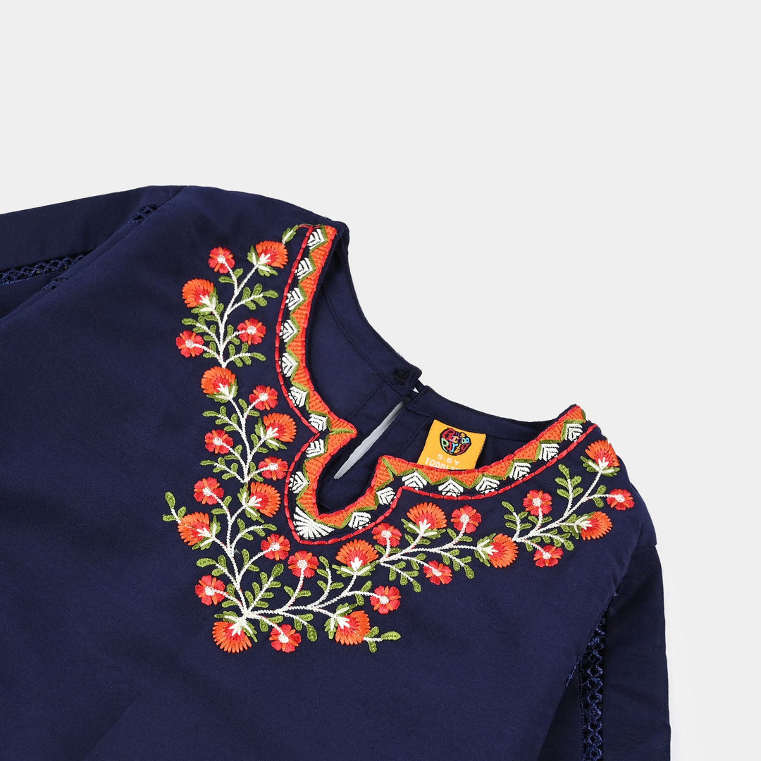 Girls poly cambric Emb Kurti Saya - Navy Blue