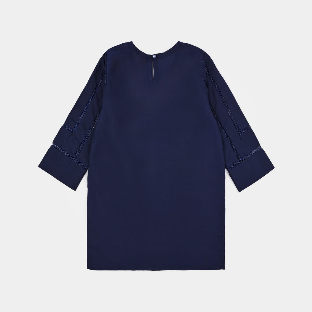 Girls poly cambric Emb Kurti Saya - Navy Blue