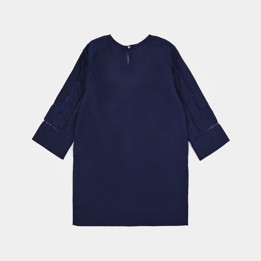 Girls poly cambric Emb Kurti Saya - Navy Blue