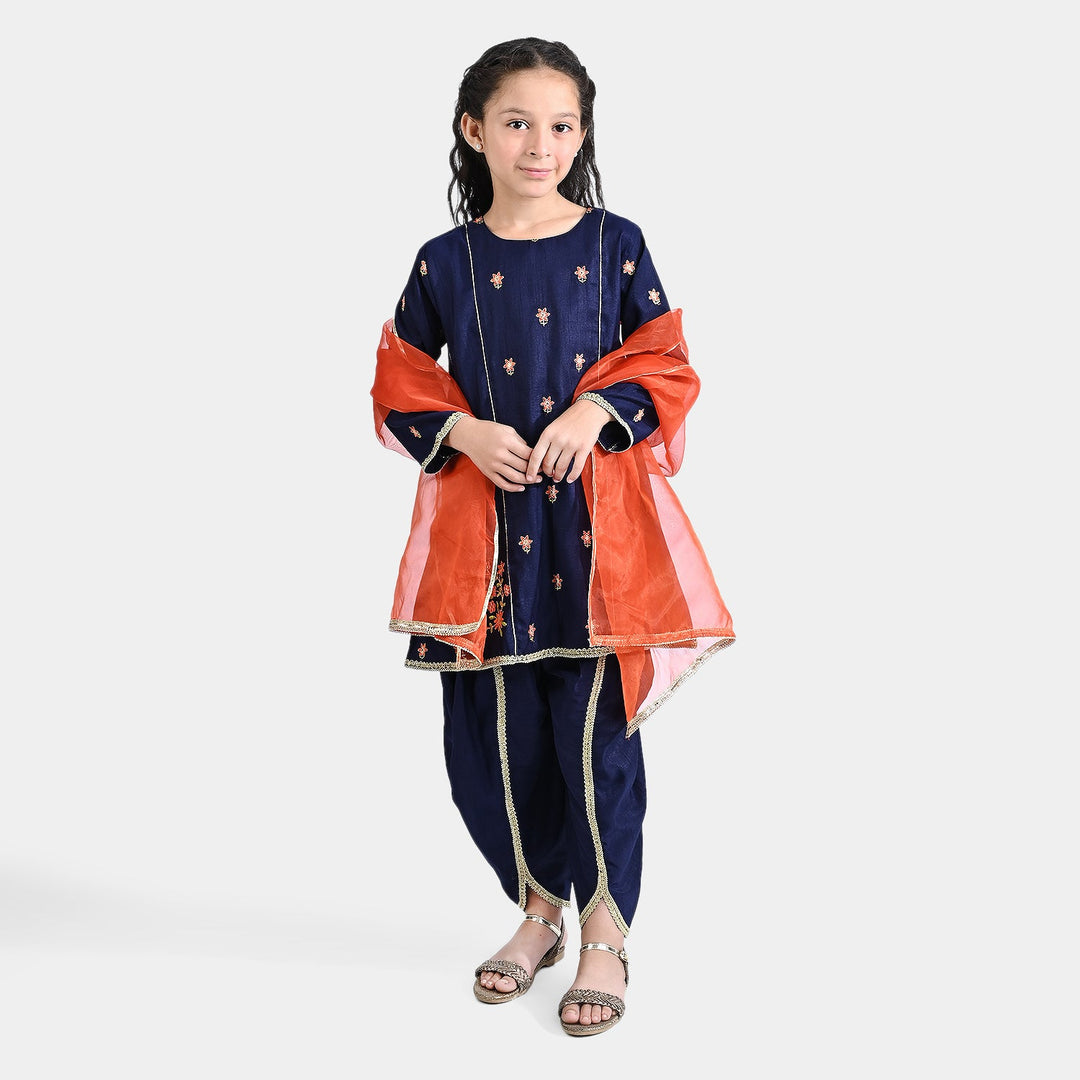 Girls Raw Silk 3 Pcs Umang - Navy Blue