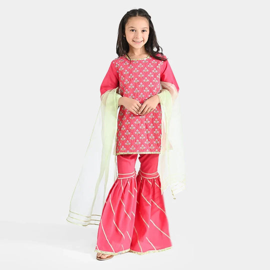 Girls Raw Silk 3 pcs Suit Sakoon-Pink