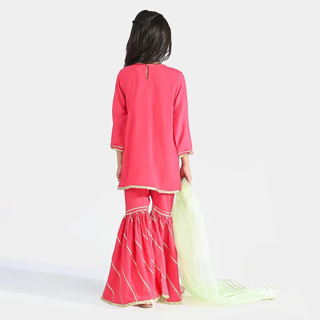 Girls Raw Silk 3 pcs Suit Sakoon-Pink