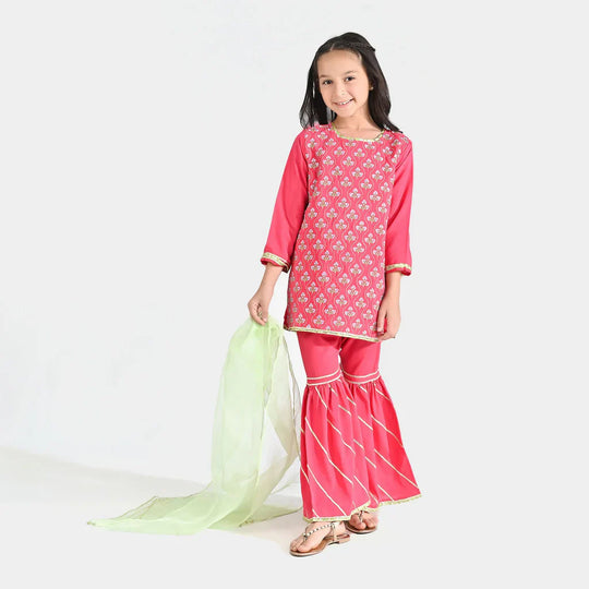 Girls Raw Silk 3 pcs Suit Sakoon-Pink