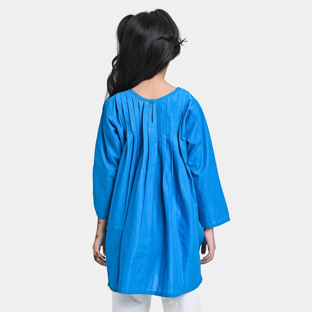 Girls Jacquard Kurti Hanging Tassels-Teal blue